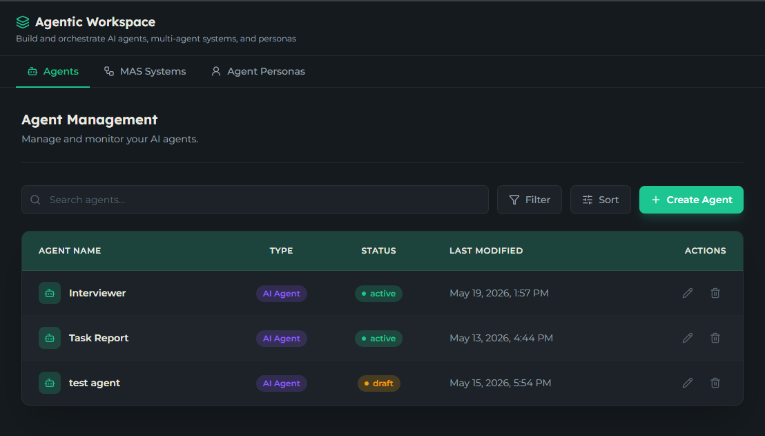 Agentic Workspace showing the Agents tab with the Create Agent button