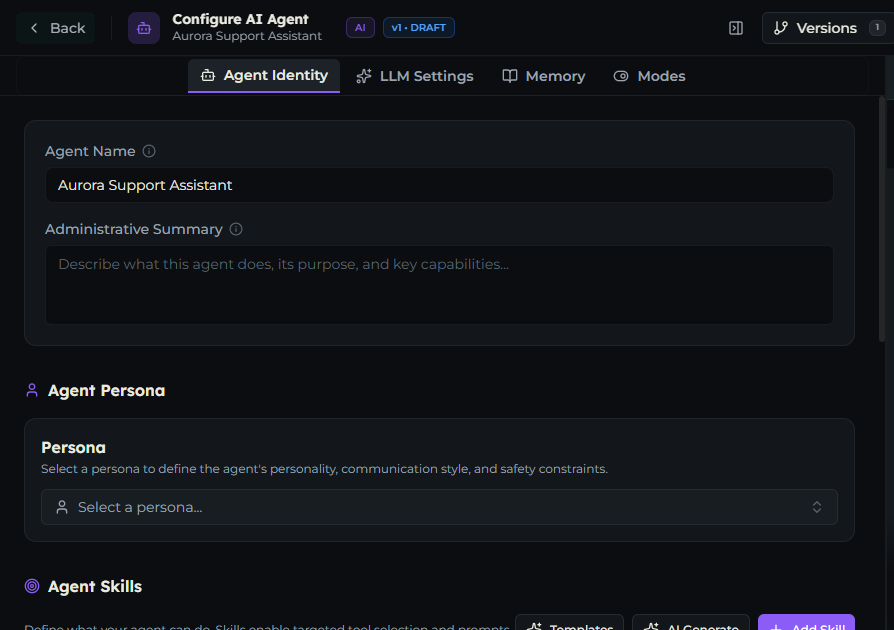 Agent Editor open on the Agent Identity tab immediately after creation