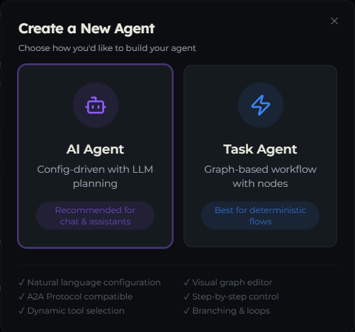Create a New Agent dialog showing the AI Agent and Task Agent cards