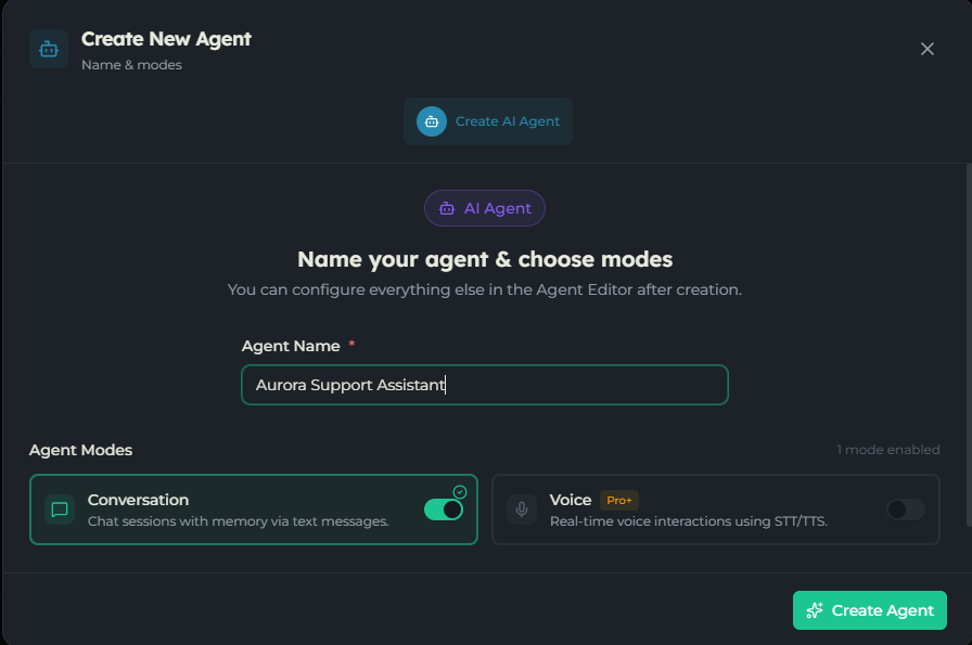 AI Setup step showing the Agent Name field and the Conversation and Voice mode cards