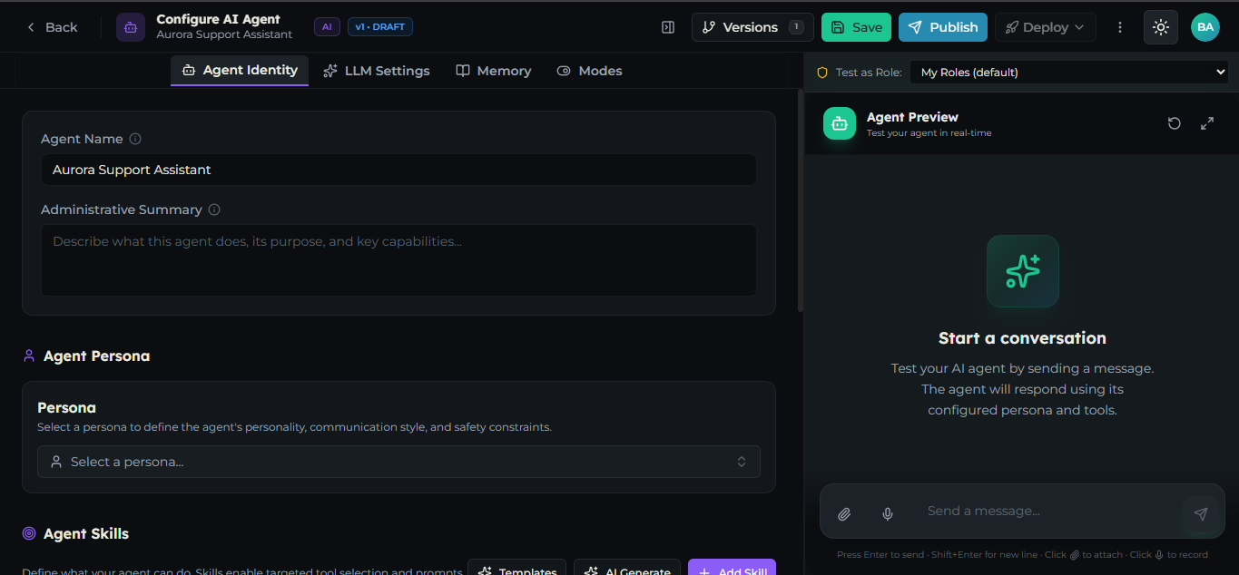 AI Agent Editor showing the header, the four tabs, and the chat preview panel on the right