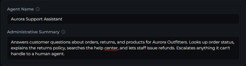Agent Identity tab showing Basic Info, Agent Persona, Agent Skills, and Fallback Message sections