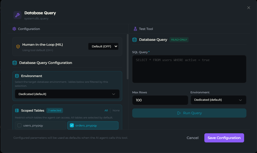 Configure & Test dialog for a tool showing the Config and Test tabs