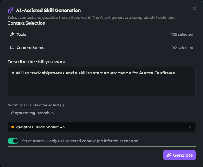 AI Generate skills dialog showing context selectors, the instruction box, and the model selector