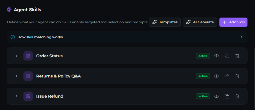Agent Skills section with the Templates, AI Generate, and Add Skill buttons