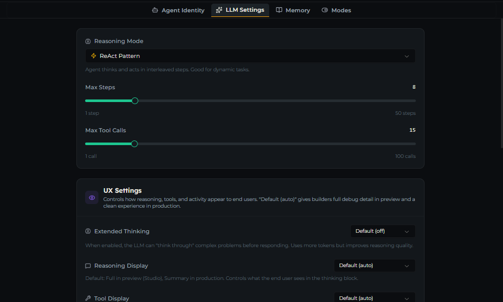 LLM Settings tab showing Executor Configuration, LLM Configuration, and LLM Policy sections
