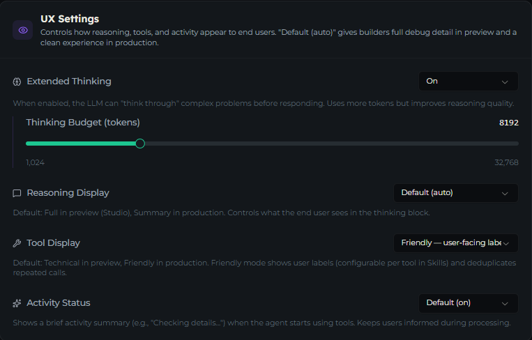 UX Settings showing Extended Thinking, Reasoning Display, Tool Display, and Activity Status controls