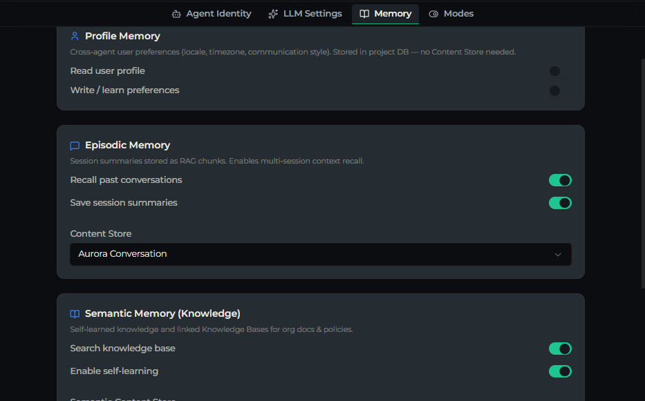 Memory tab showing the Profile, Episodic, and Semantic memory tiers