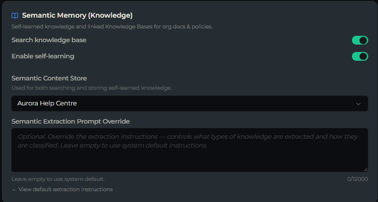 Semantic Memory tier with search and self-learning enabled and the content store selector