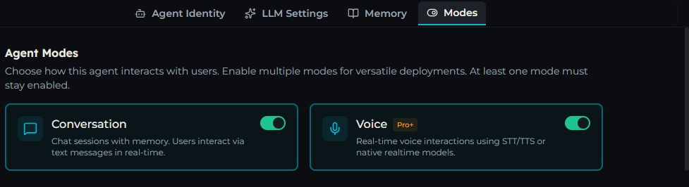 Modes tab showing the Conversation and Voice cards, with Voice enabled