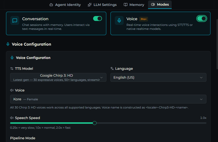 Voice Configuration panel showing TTS model, language, voice, and pipeline mode controls