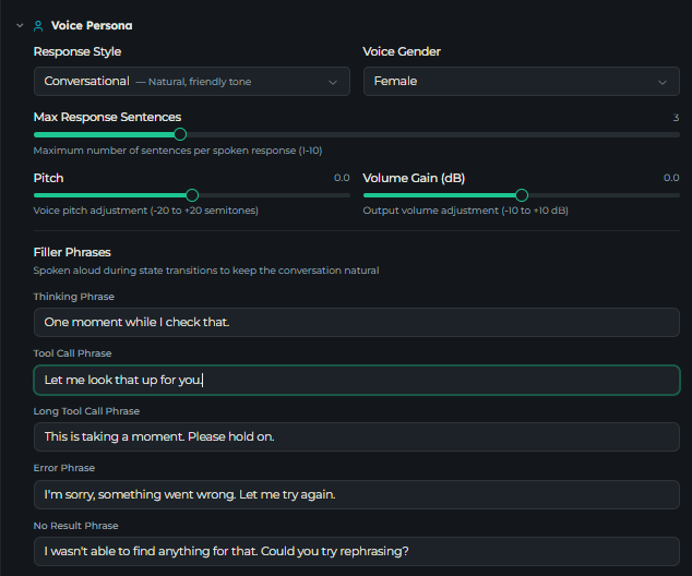 Voice Persona section showing response style, gender, pitch, volume, and filler phrase fields