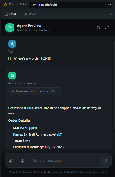 AI Agent editor with the preview panel open on the Chat tab