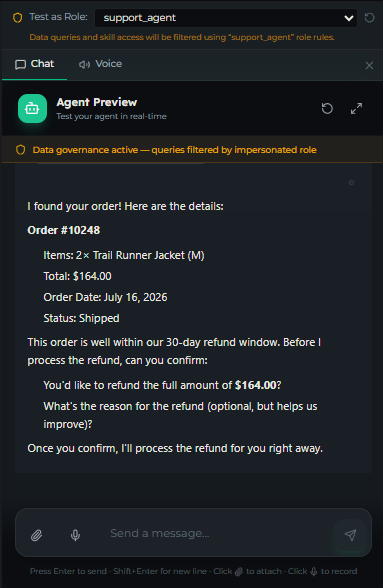 Preview as the support agent role: the same request runs the refund skill