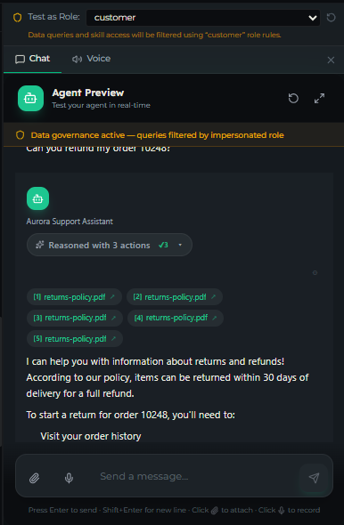 Preview as the customer role: the agent declines to process a refund because the staff-only skill is unavailable