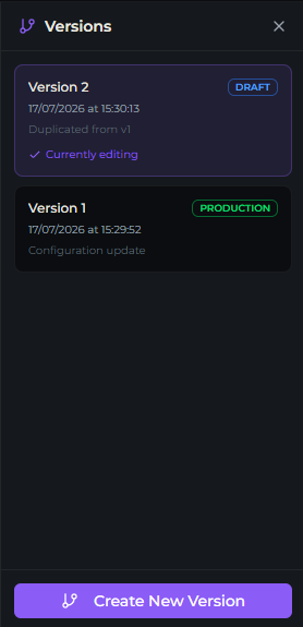 Versions panel listing each version with its state badge and changelog