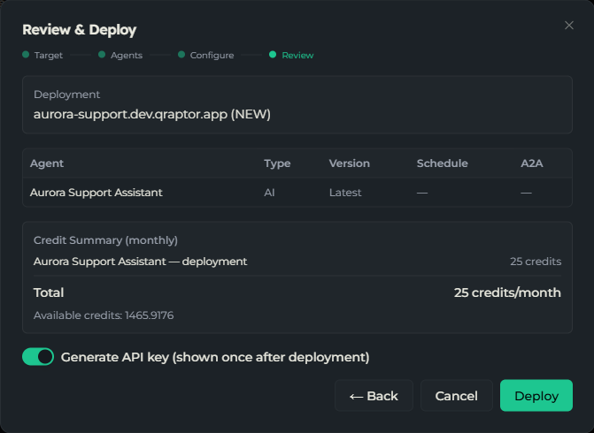 Deploy wizard on the review step before creating the deployment
