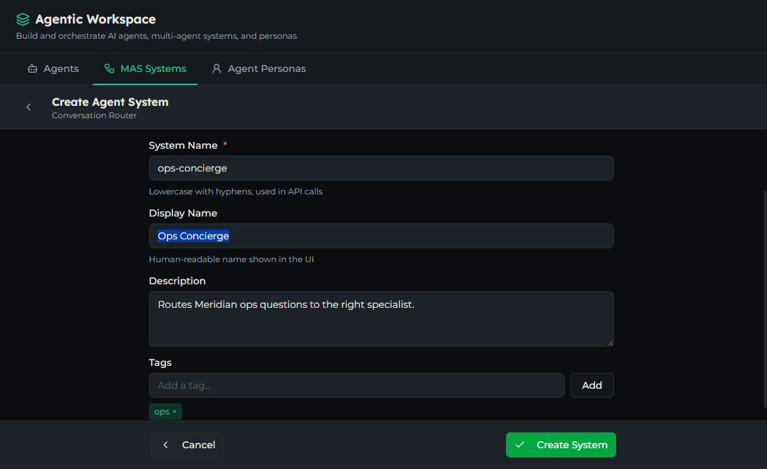 The Create Agent System form with the Conversation Router banner, System Name, Display Name, Description, and Tags fields