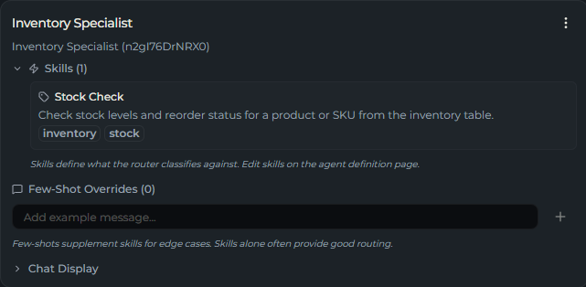 A connected agent card with its skills expanded, showing skill names, tags, and example queries