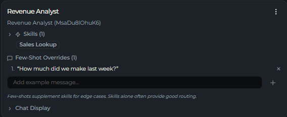 An agent card with Few-Shot Overrides expanded, listing example user messages with remove buttons