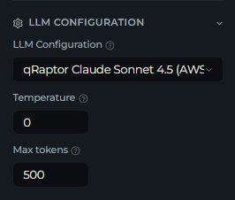 The LLM Configuration section expanded, showing the configuration selector, Temperature, and Max tokens
