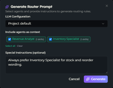The Generate Router Prompt dialog with an LLM configuration, agent selection chips, and a special instructions field