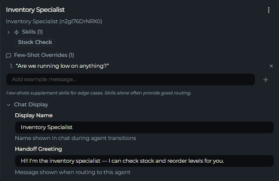 An agent card with Chat Display expanded, showing the Display Name and Handoff Greeting fields