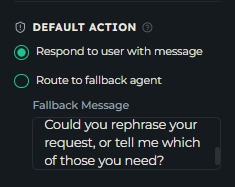 The Default Action section with Respond to user with message selected and a fallback message written