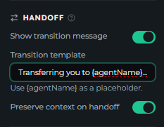 The Handoff section with Show transition message enabled and a transition template