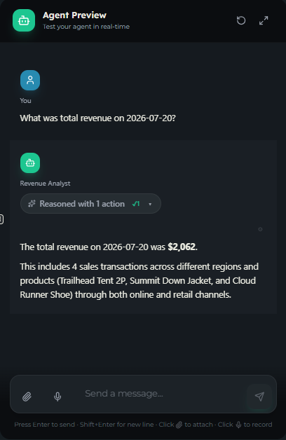 The builder chat preview showing a reply labelled with the responding agent's name
