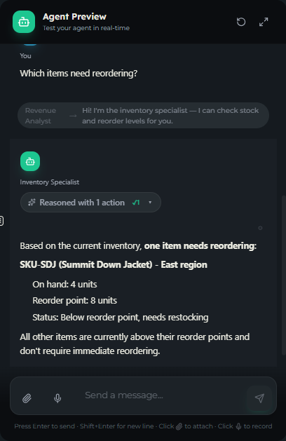 The chat preview showing a transition message followed by a reply from the second specialist