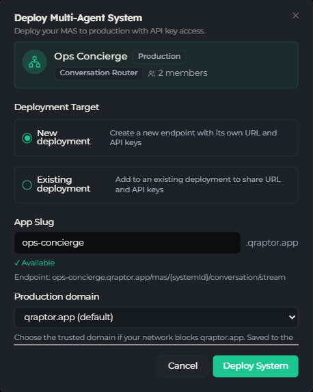 The Deploy Multi-Agent System dialog showing the system summary, deployment target, app slug, rate limit, and auto-deployed members