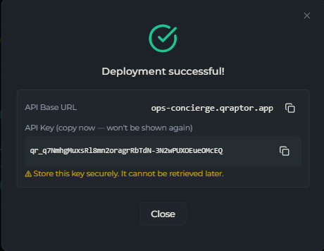 The deployment success screen showing the API base URL and the one-time API key