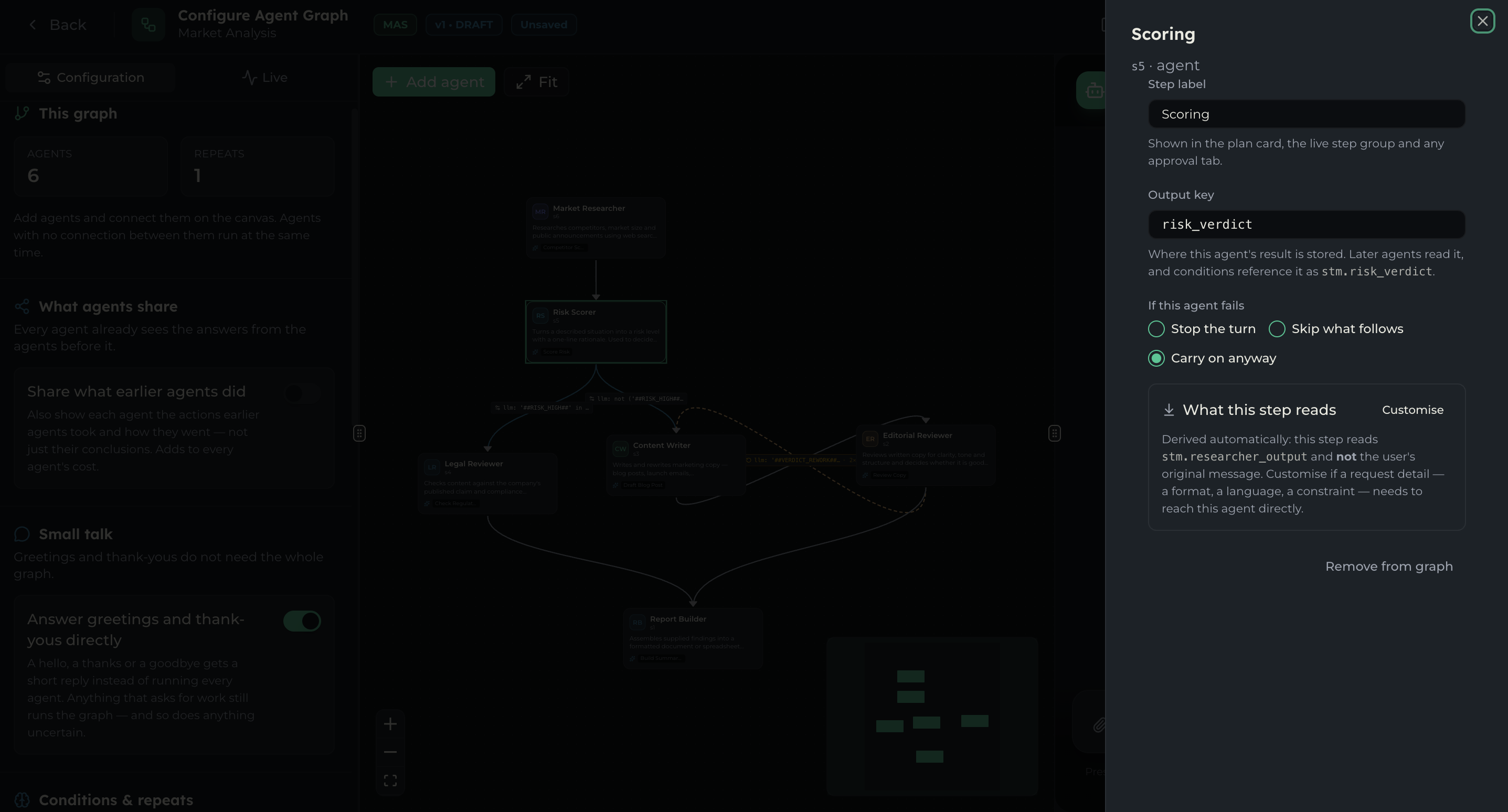 A step's settings showing Step label, Output key and If this agent fails