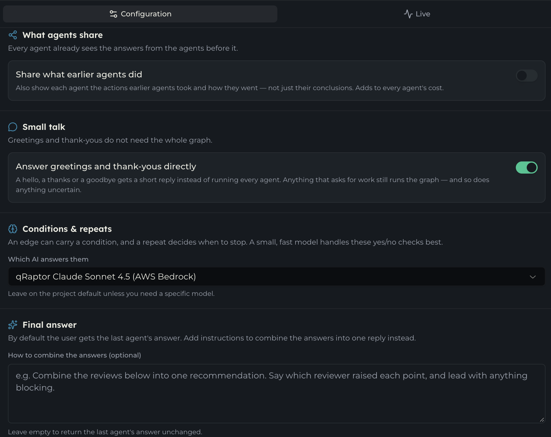 The graph settings panel showing the Small talk and Conditions and repeats sections