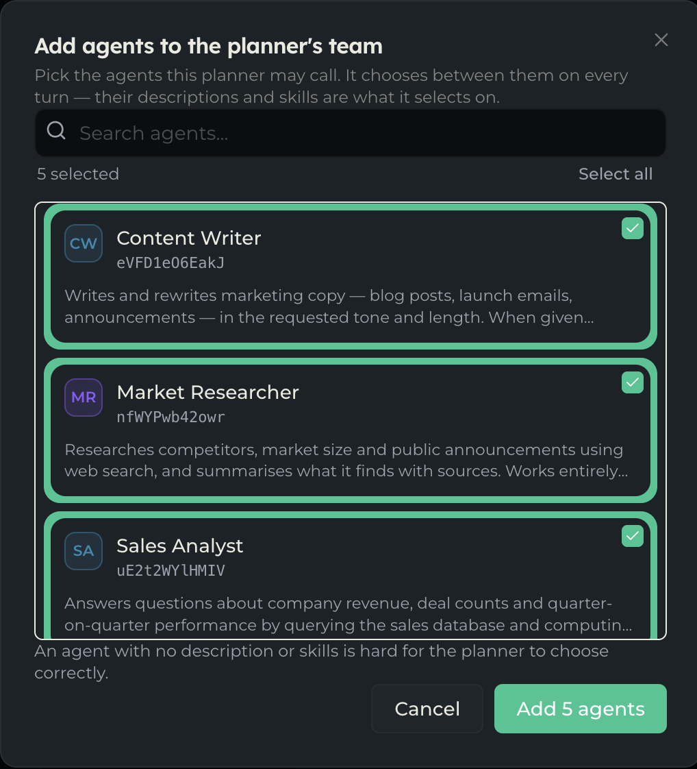 The member agent list with several agents added to the team