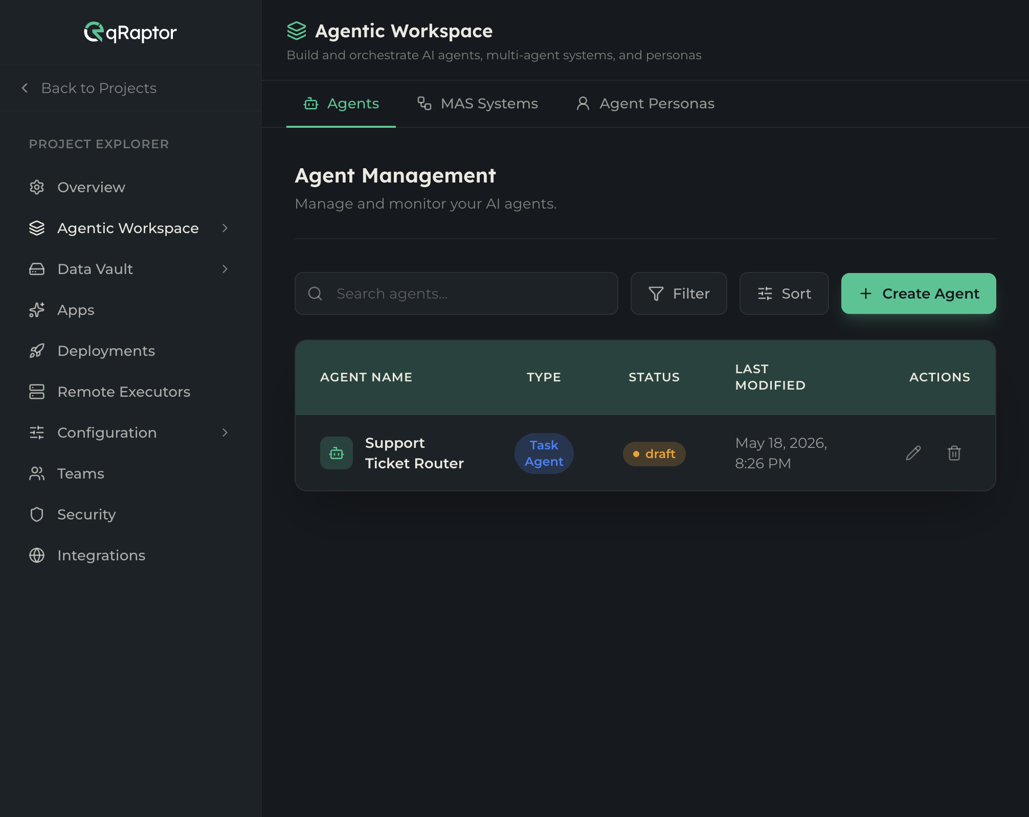 Agentic Workspace showing the Agents tab with the Create Agent button and empty state