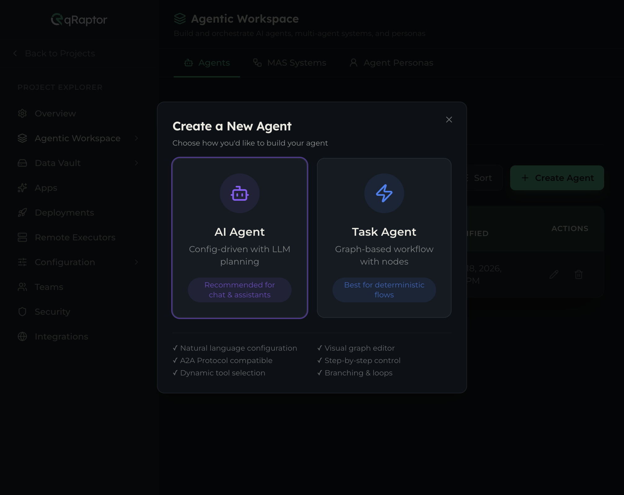 Create a New Agent dialog showing AI Agent and Task Agent cards