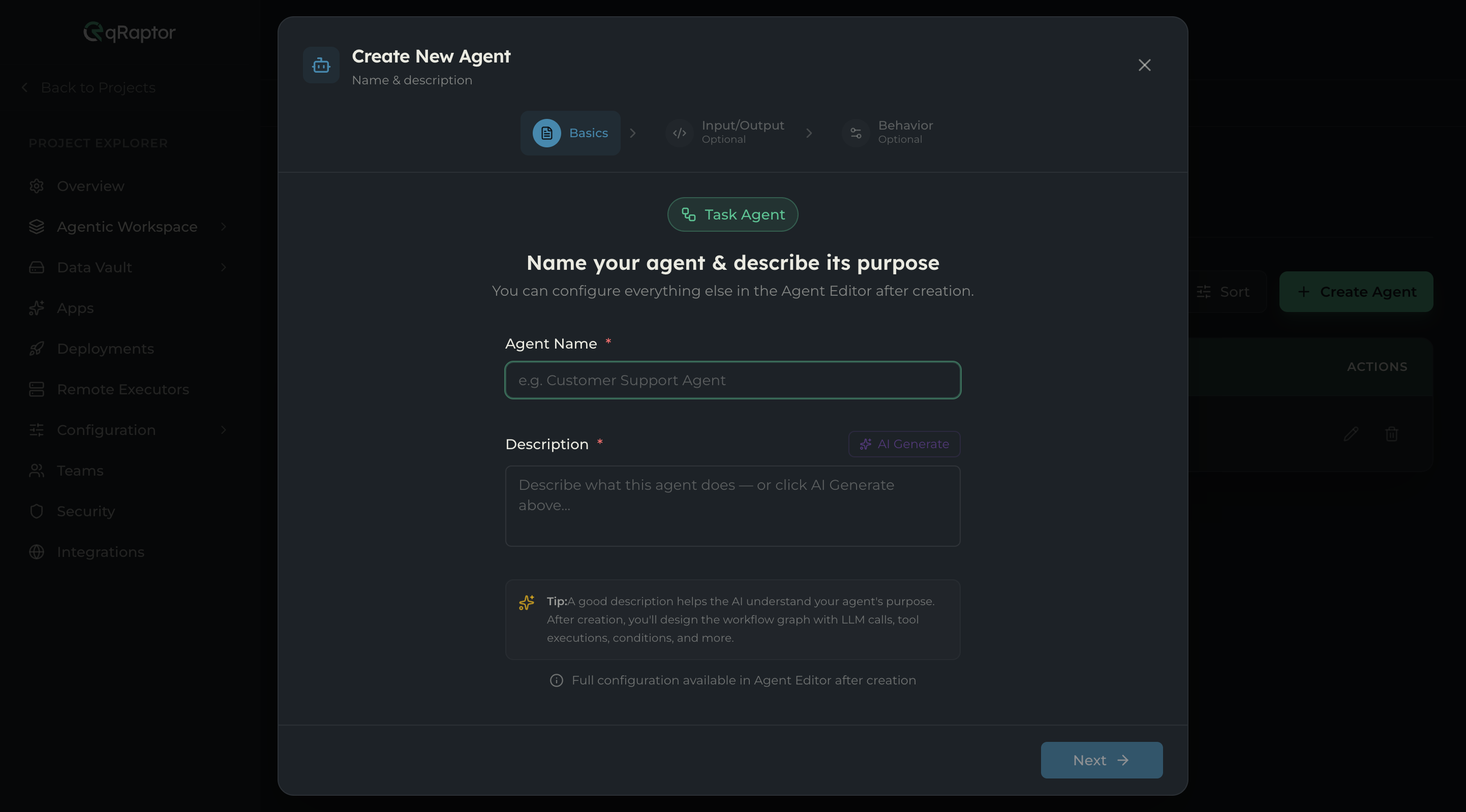 Basics step with Agent Name and Description fields