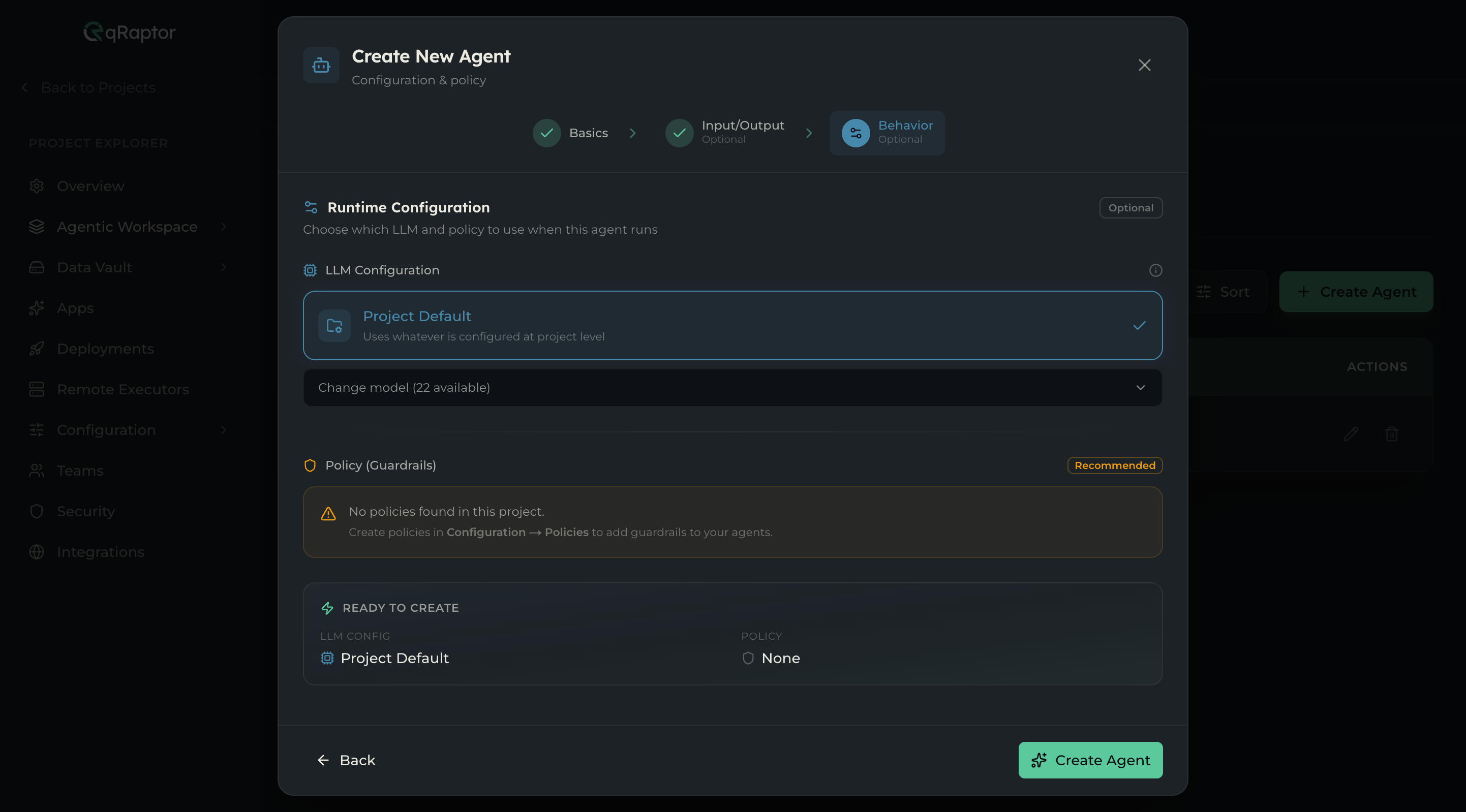 Behavior step showing LLM configuration and Policy sections with the Ready to Create summary