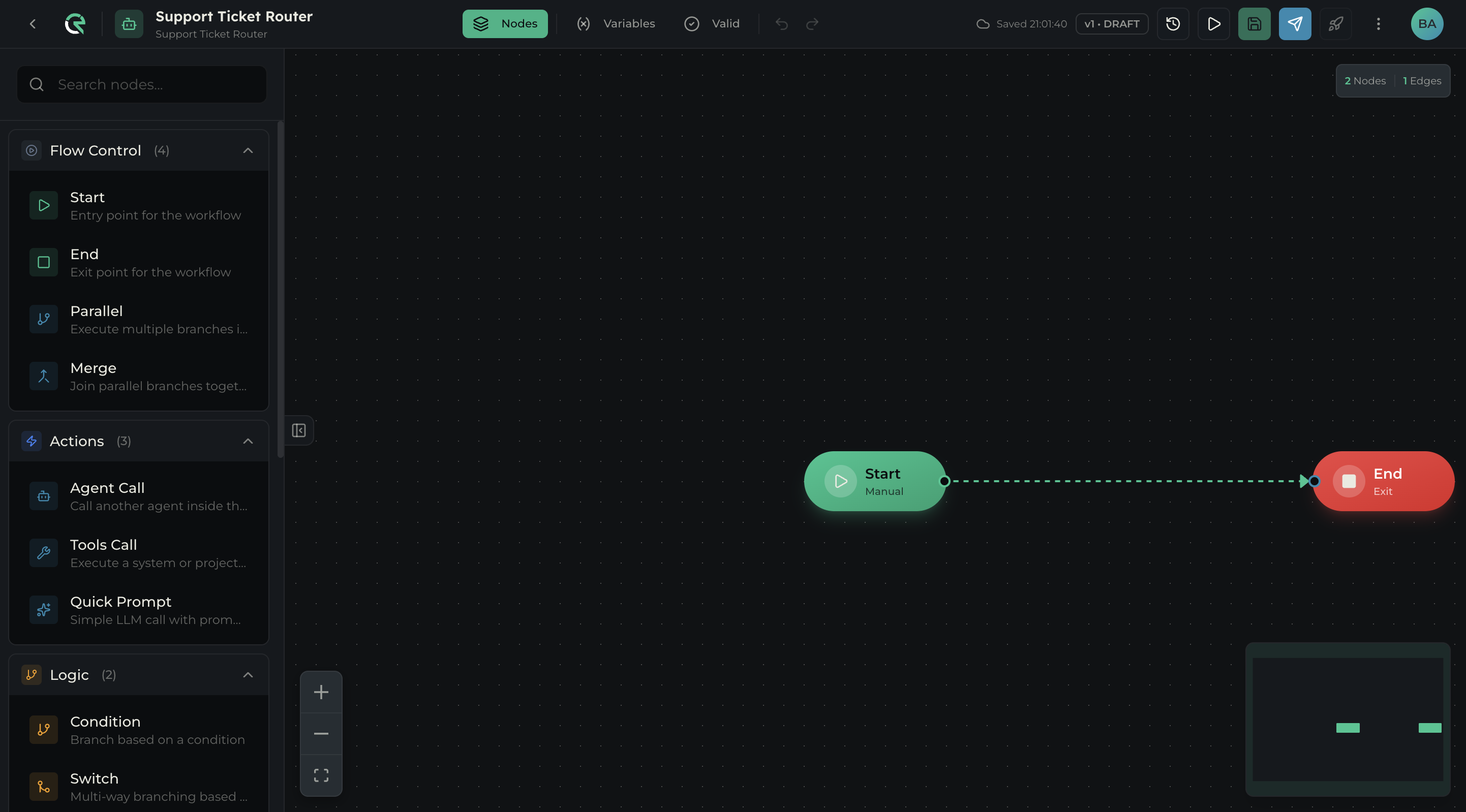 Full Agent Builder layout showing node palette on left, graph canvas in center, toolbar at top