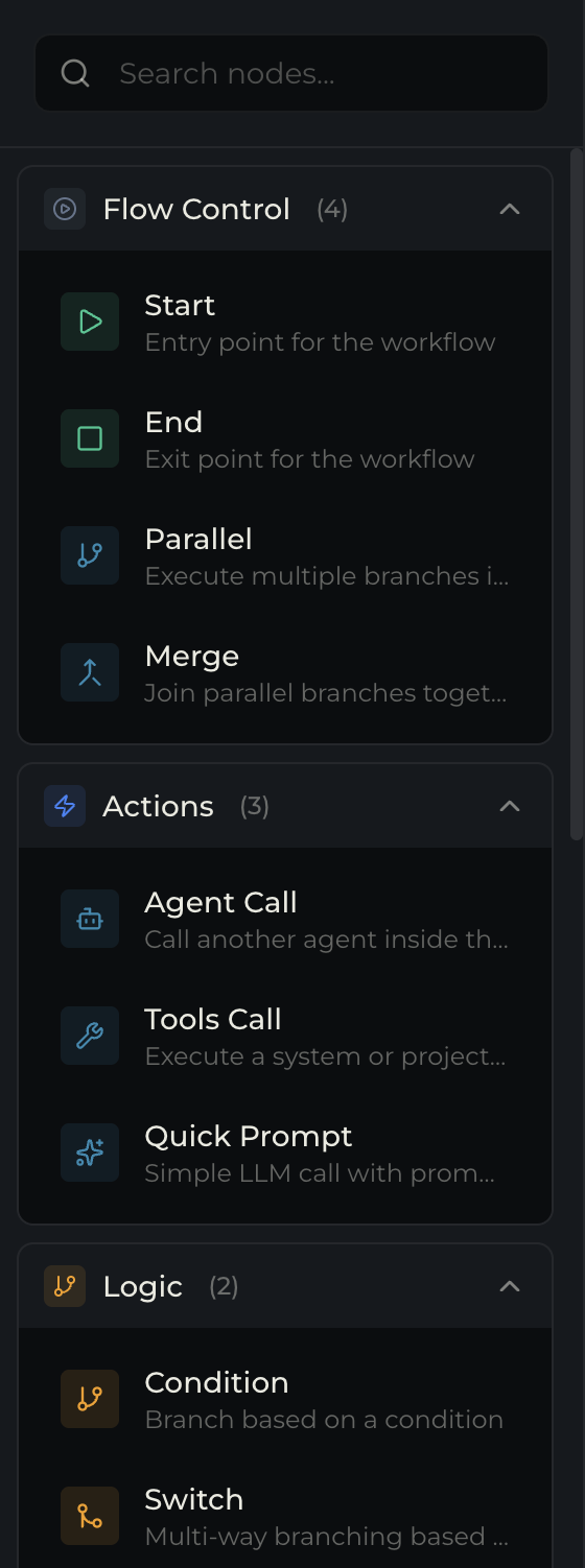 Node palette showing 7 categories of nodes