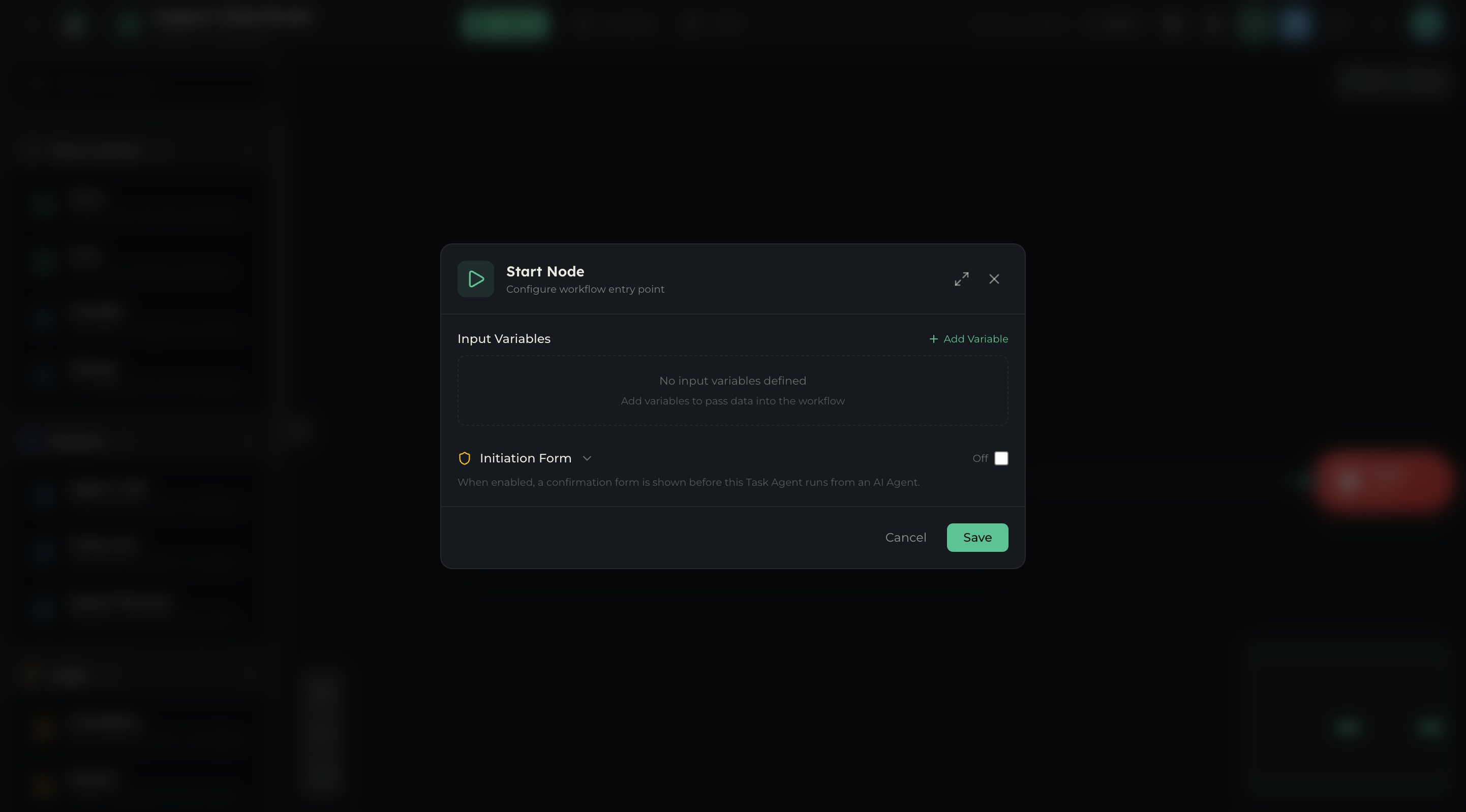 Start node configuration panel showing Input Variables and Initiation Form toggle