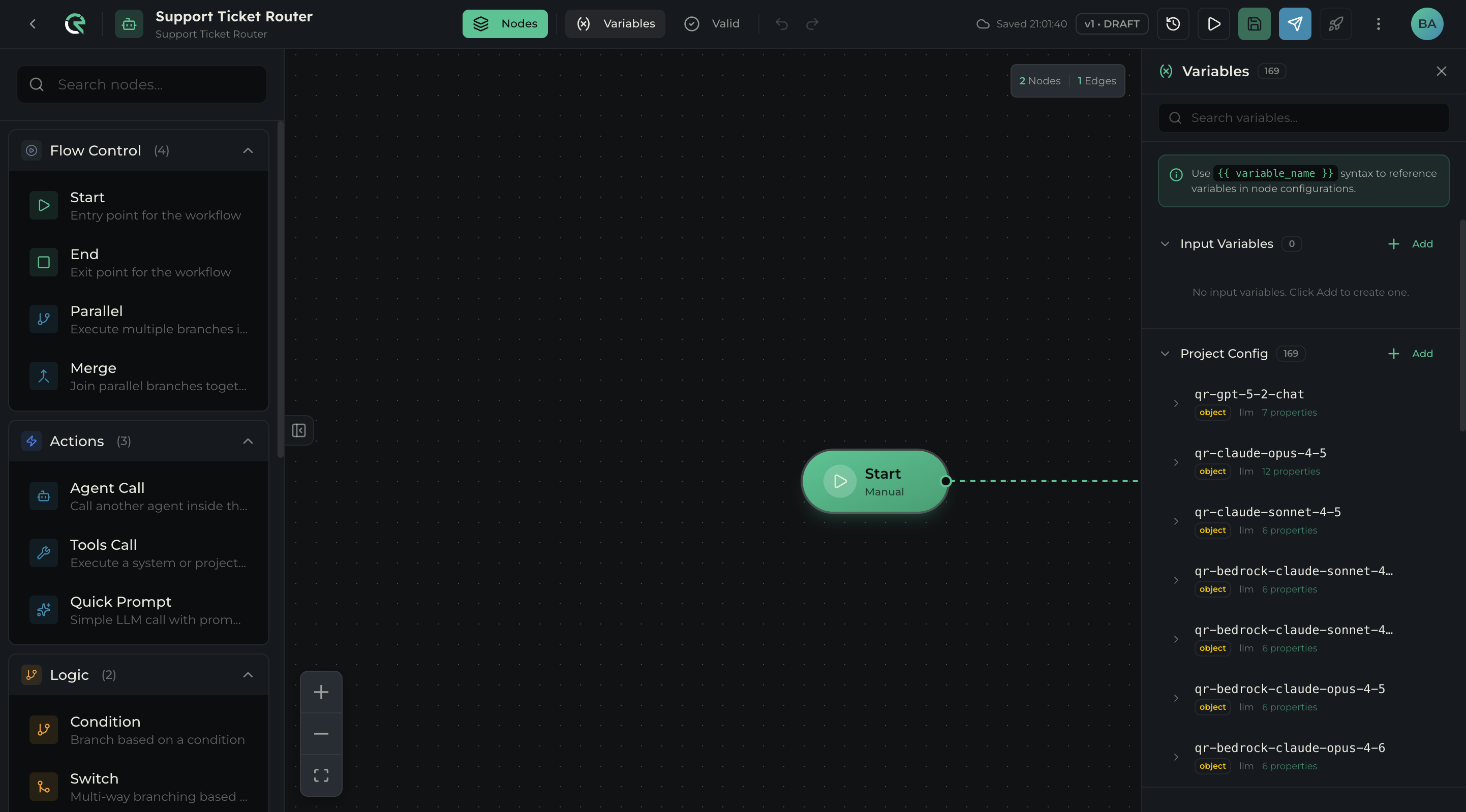 Variables panel showing Input Variables section and Project Config list