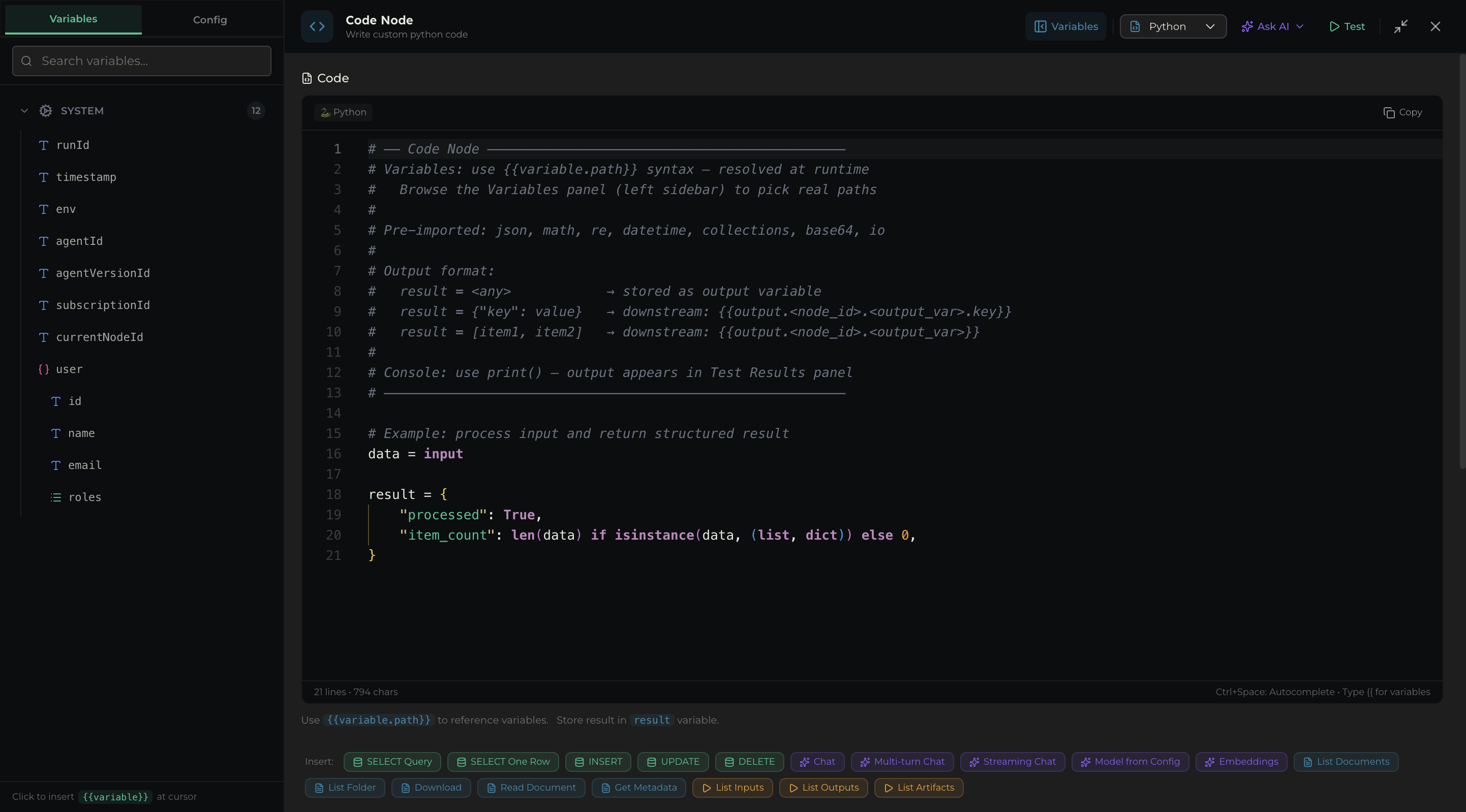 Code node full-screen editor showing language selector, code editor with template, quick insert snippets, and output variable
