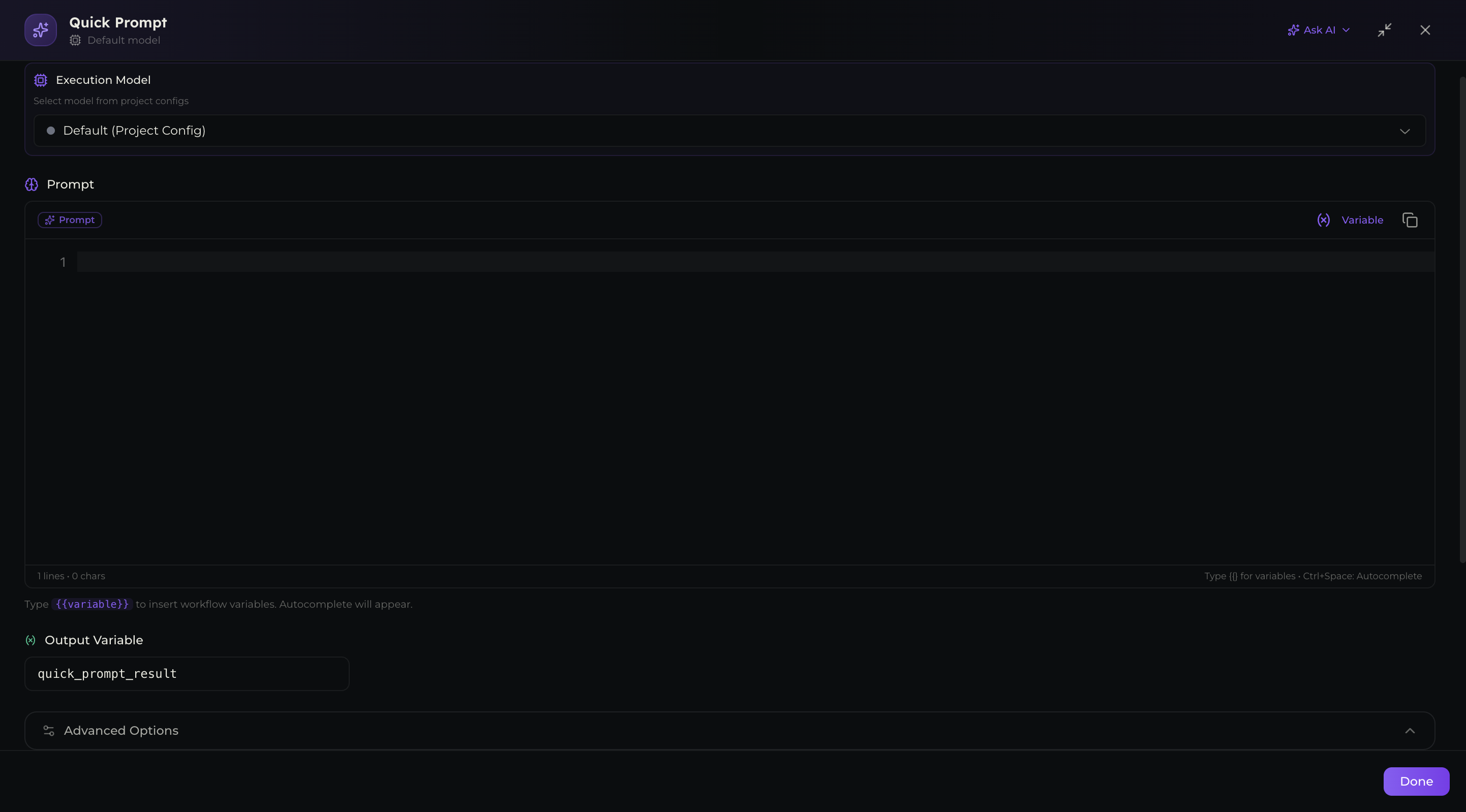Quick Prompt advanced options showing Temperature slider, Max Tokens, and Response Format
