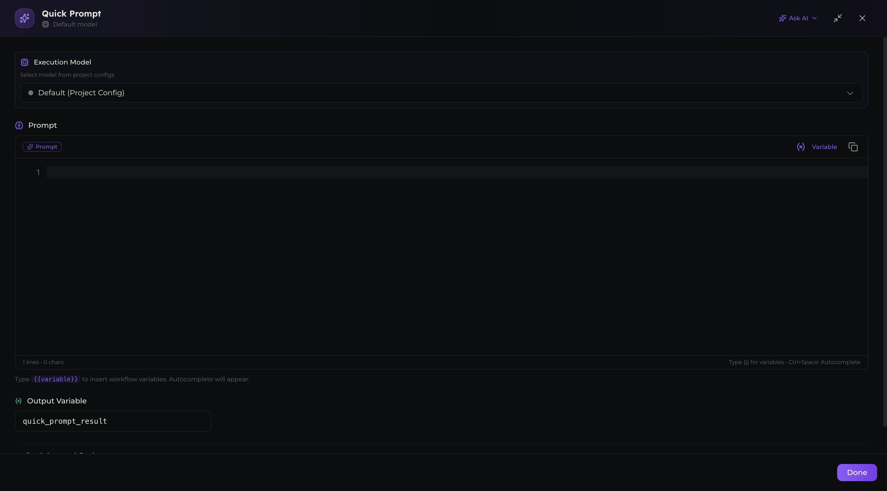 Quick Prompt node full-screen editor showing model selection, prompt editor, and output variable