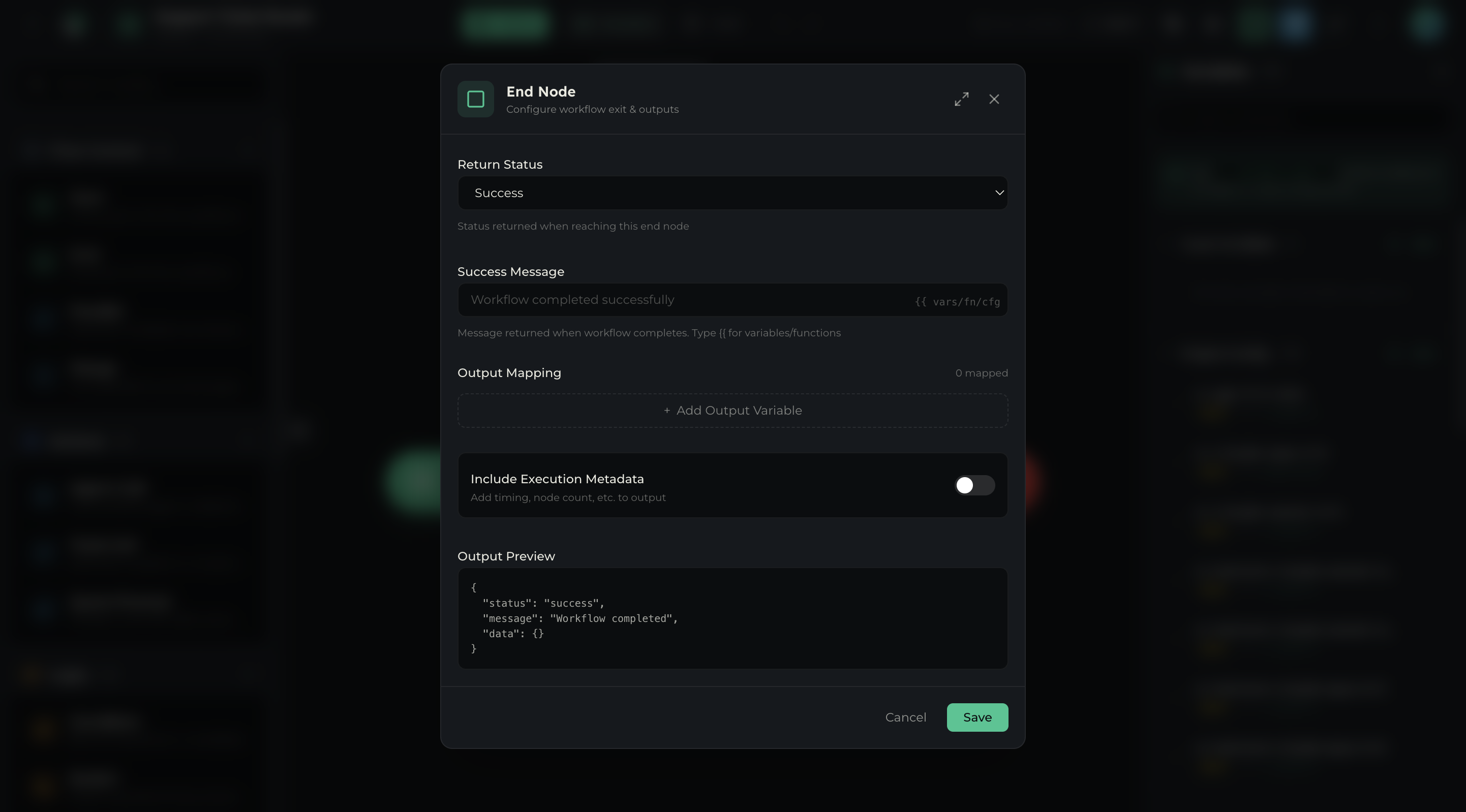 End node configuration panel showing Return Status, Success Message, Output Mapping, and metadata options