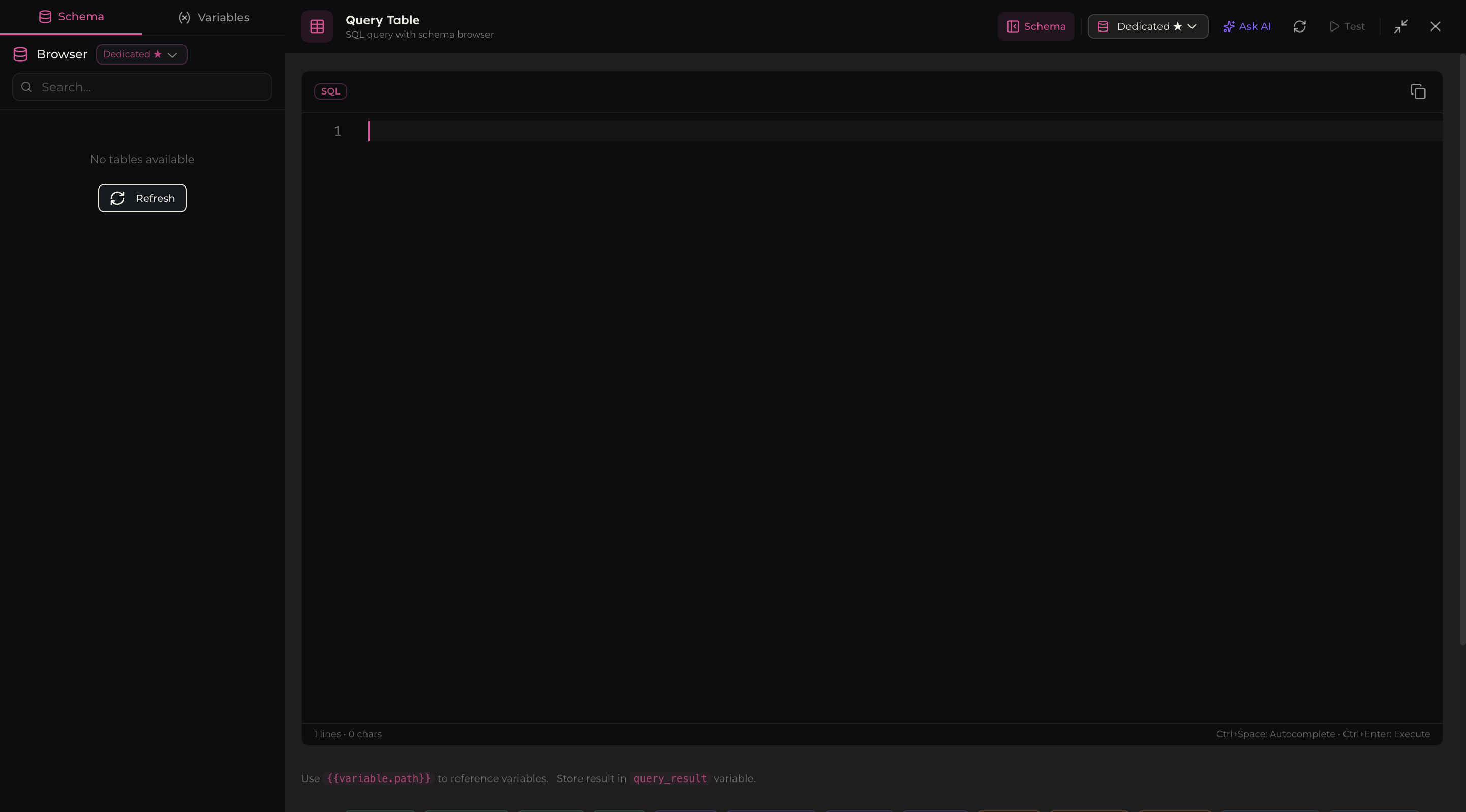 Query Table full-screen editor with schema browser, SQL editor, quick insert buttons, and output settings