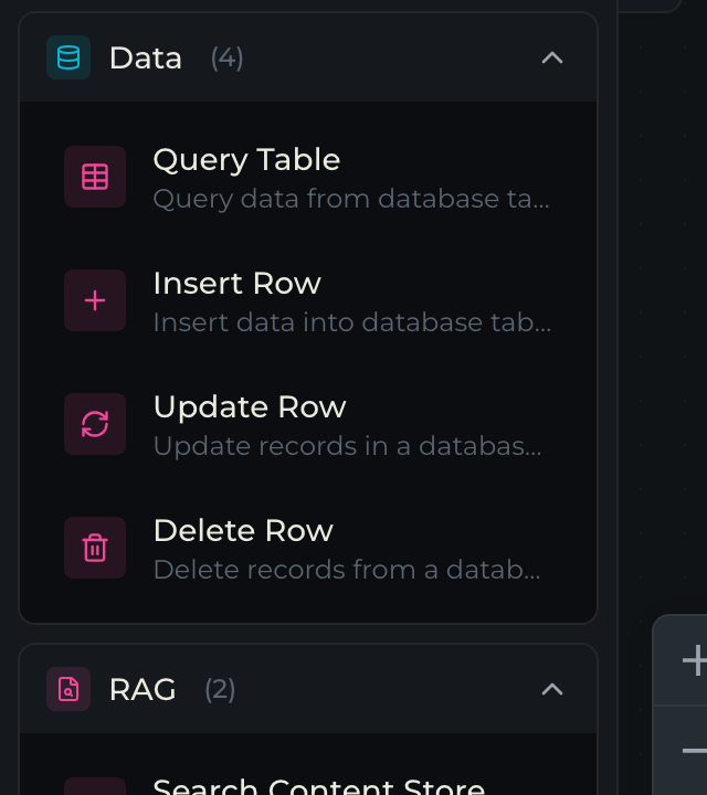Data category in the node palette showing Query Table, Insert Row, Update Row, Delete Row